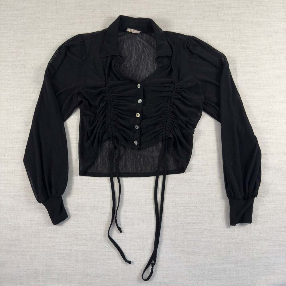 Ember Black Sheer Ruched Button Down Long Sleeve Top Size L